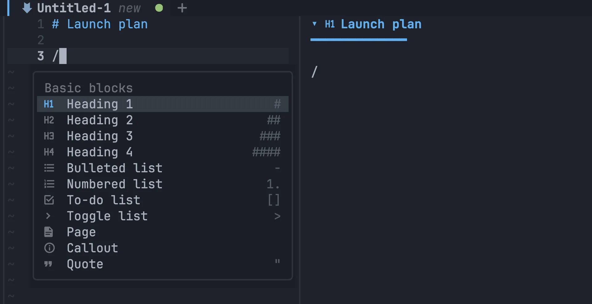 The block menu open in the editor